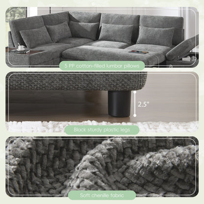 Modular Pull-Out Sectional Sofa Bed with Adjustable Charging Armrest and Storage Ottoman for Living Room Apartment