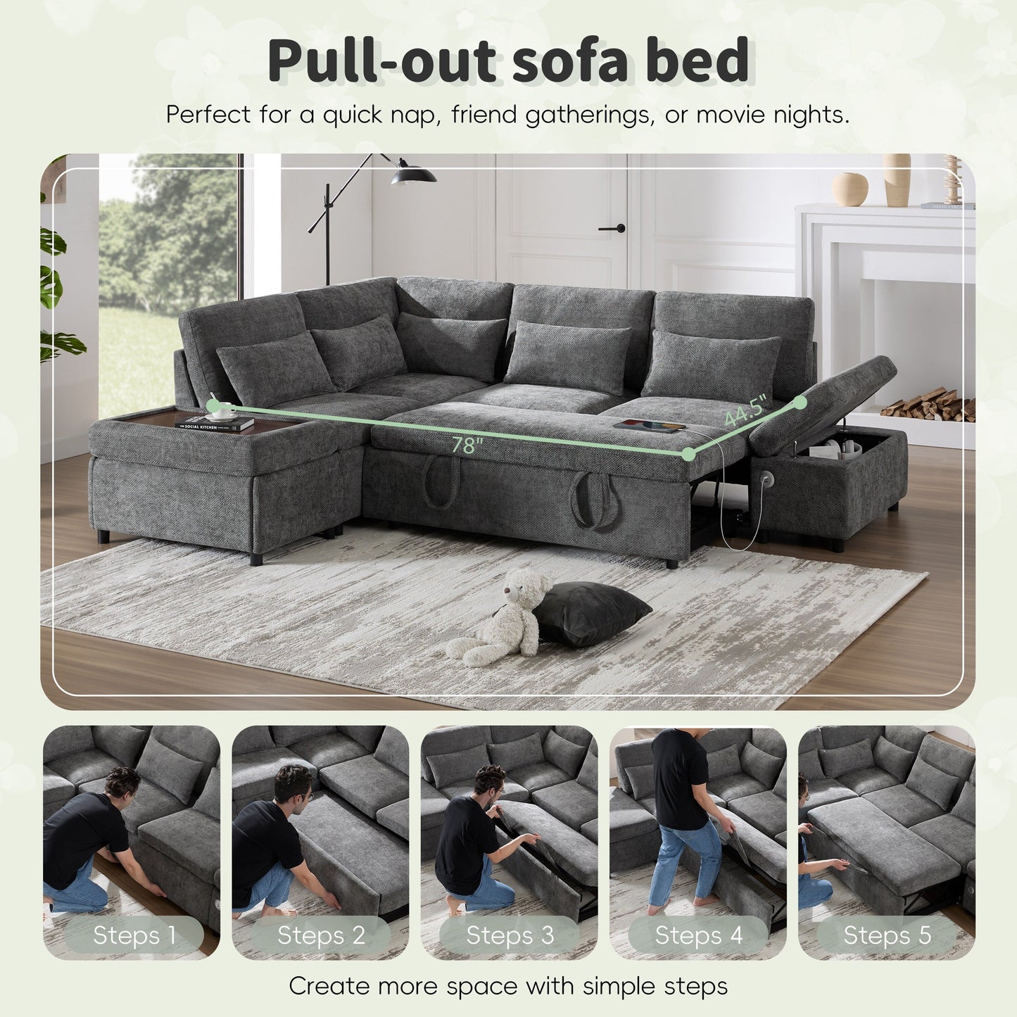 Modular Pull-Out Sectional Sofa Bed with Adjustable Charging Armrest and Storage Ottoman for Living Room Apartment