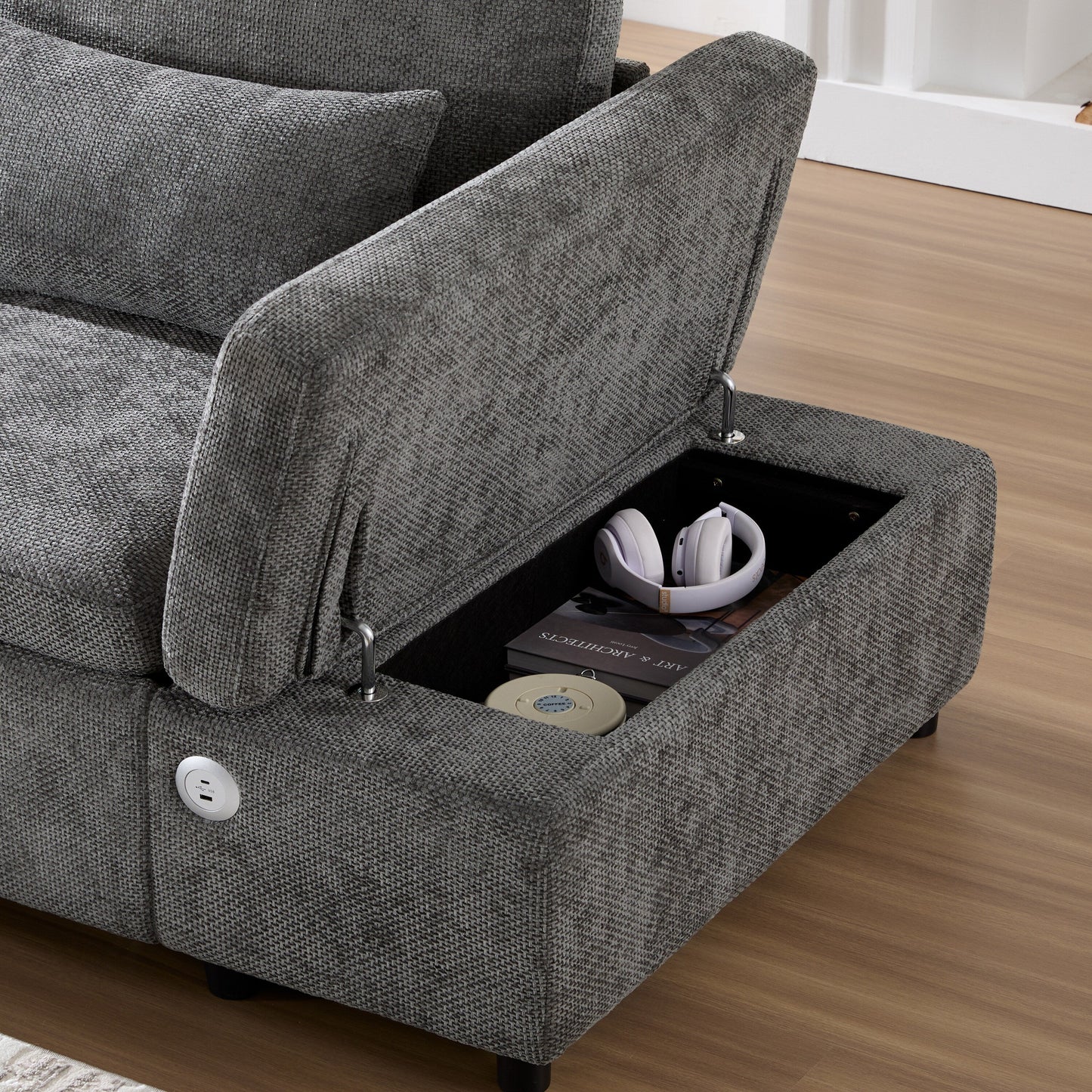 Modular Pull-Out Sectional Sofa Bed with Adjustable Charging Armrest and Storage Ottoman for Living Room Apartment