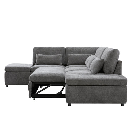 Modular Pull-Out Sectional Sofa Bed with Adjustable Charging Armrest and Storage Ottoman for Living Room Apartment