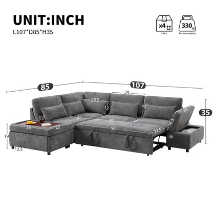 Modular Pull-Out Sectional Sofa Bed with Adjustable Charging Armrest and Storage Ottoman for Living Room Apartment