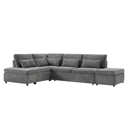 Modular Pull-Out Sectional Sofa Bed with Adjustable Charging Armrest and Storage Ottoman for Living Room Apartment