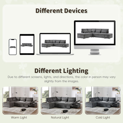 Modular Pull-Out Sectional Sofa Bed with Adjustable Charging Armrest and Storage Ottoman for Living Room Apartment