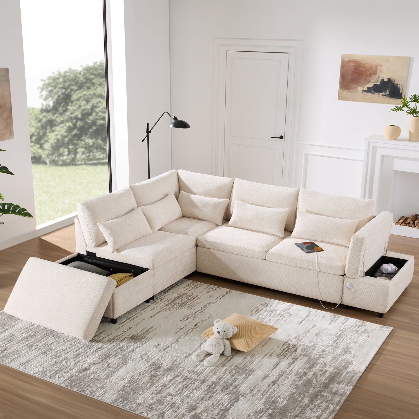 Modular Pull-Out Sectional Sofa Bed with Adjustable Charging Armrest and Storage Ottoman for Living Room Apartment