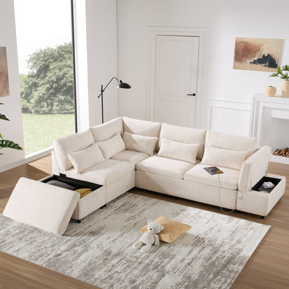 Modular Pull-Out Sectional Sofa Bed with Adjustable Charging Armrest and Storage Ottoman for Living Room Apartment