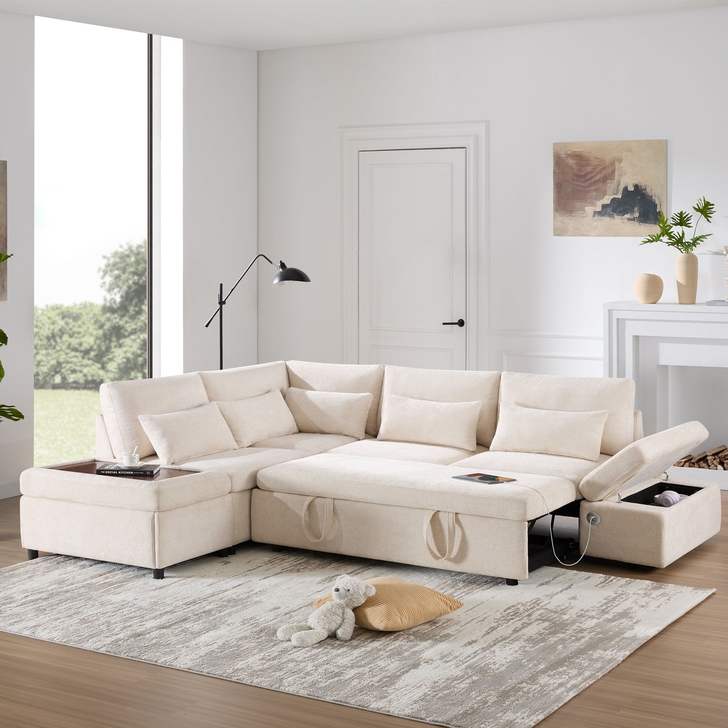 Modular Pull-Out Sectional Sofa Bed with Adjustable Charging Armrest and Storage Ottoman for Living Room Apartment