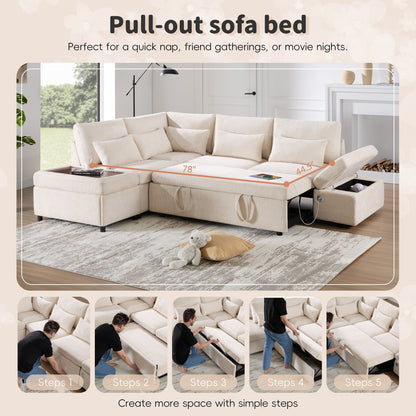 Modular Pull-Out Sectional Sofa Bed with Adjustable Charging Armrest and Storage Ottoman for Living Room Apartment