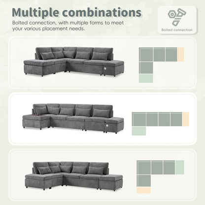 Modular Pull-Out Sectional Sofa Bed with Adjustable Charging Armrest and Storage Ottoman for Living Room Apartment