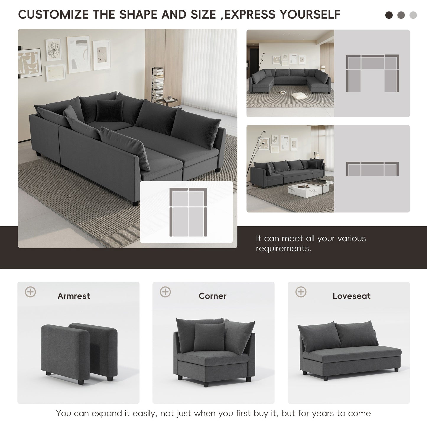 Modular Sectional Sofa Bed,Chenille Couch Set With Pillows,Free Combination,Convertible Sofa
