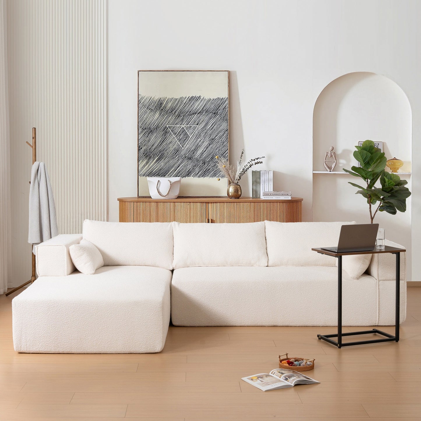 Modular Sectional Sofa With Free Side Table,Wide Seat,Fully Compressed,Wrinkle-Resistant Boucle Fabric Couch With Chaise