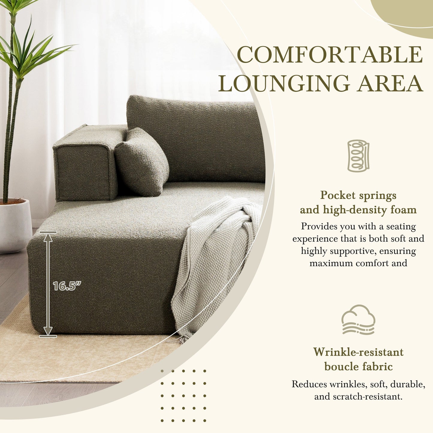 Modular Sectional Sofa With Free Side Table,Wide Seat,Fully Compressed,Wrinkle-Resistant Boucle Fabric Couch With Chaise