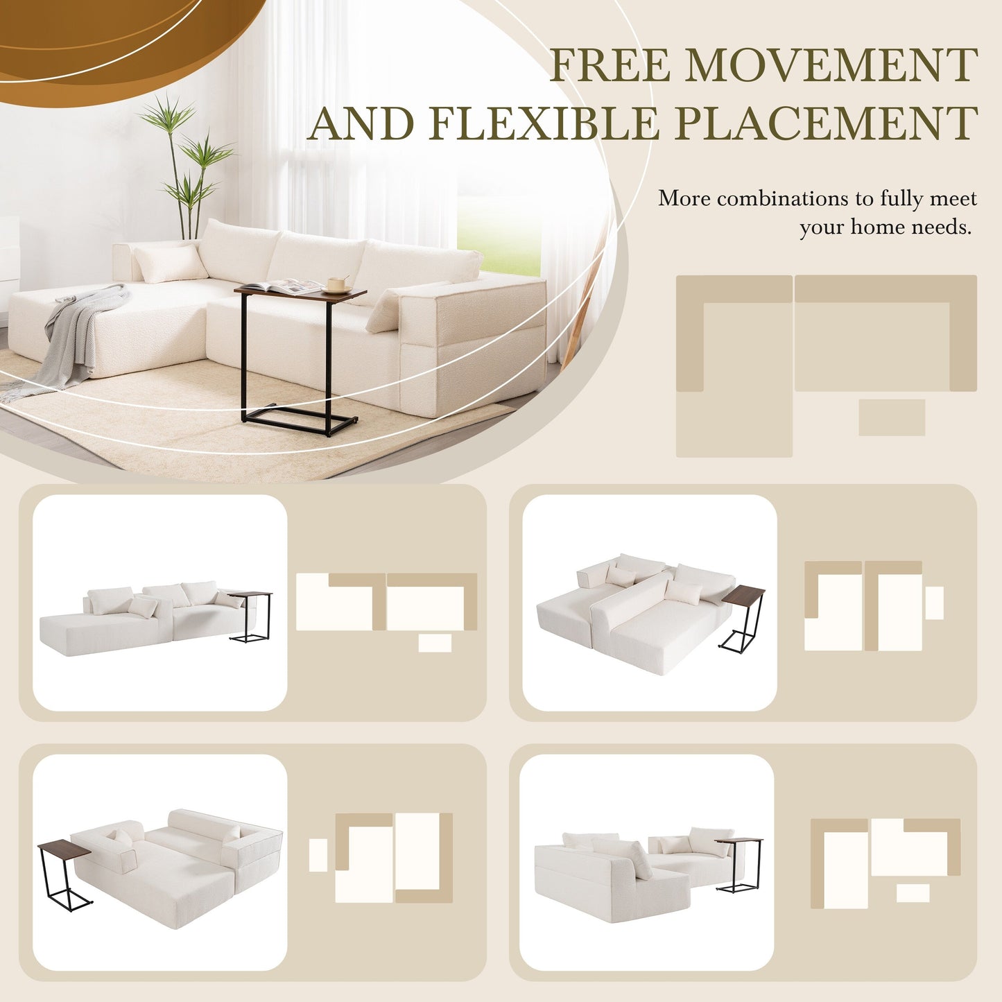 Modular Sectional Sofa With Free Side Table,Wide Seat,Fully Compressed,Wrinkle-Resistant Boucle Fabric Couch With Chaise