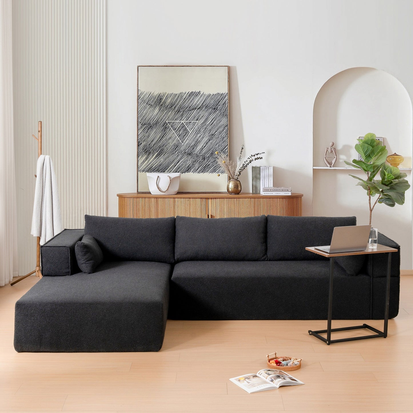 Modular Sectional Sofa With Free Side Table,Wide Seat,Fully Compressed,Wrinkle-Resistant Boucle Fabric Couch With Chaise