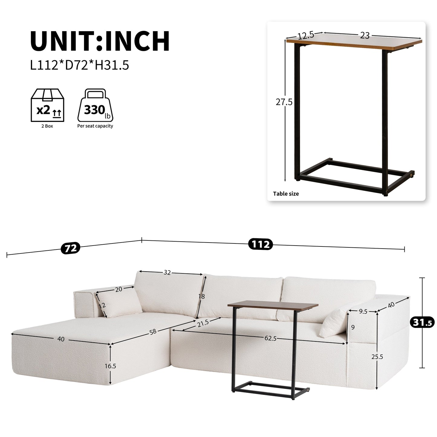 Modular Sectional Sofa With Free Side Table,Wide Seat,Fully Compressed,Wrinkle-Resistant Boucle Fabric Couch With Chaise