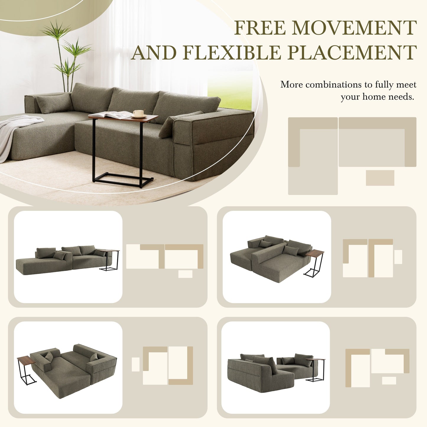 Modular Sectional Sofa With Free Side Table,Wide Seat,Fully Compressed,Wrinkle-Resistant Boucle Fabric Couch With Chaise