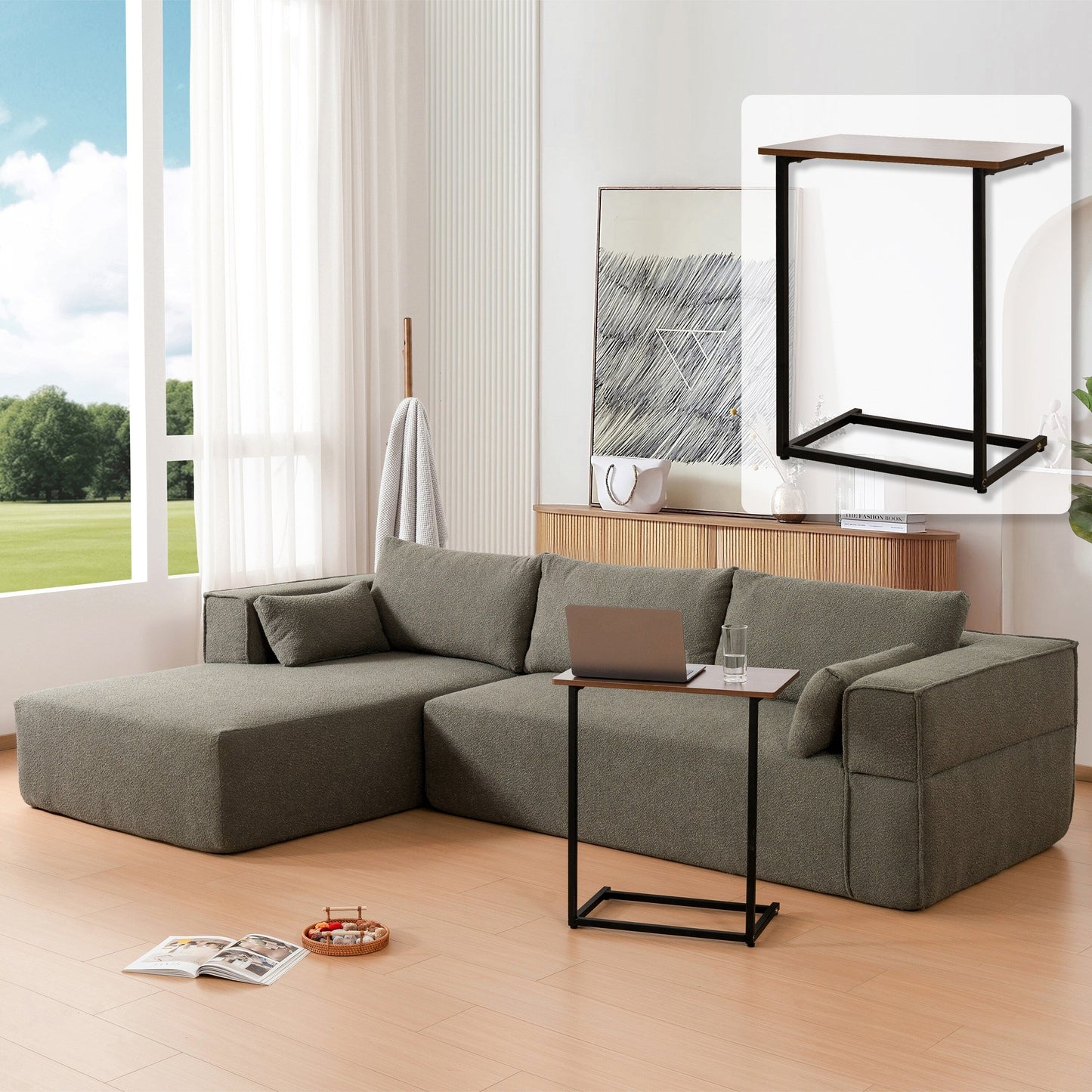 Modular Sectional Sofa With Free Side Table,Wide Seat,Fully Compressed,Wrinkle-Resistant Boucle Fabric Couch With Chaise
