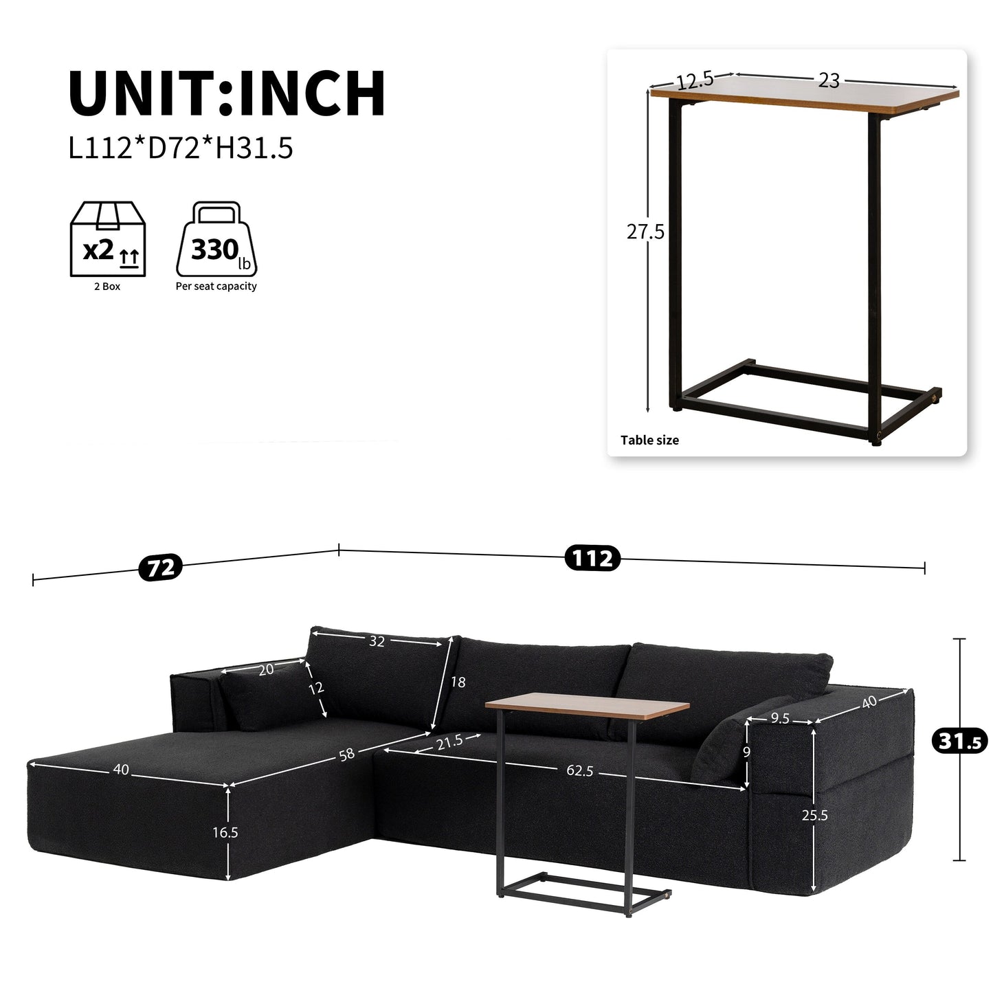 Modular Sectional Sofa With Free Side Table,Wide Seat,Fully Compressed,Wrinkle-Resistant Boucle Fabric Couch With Chaise
