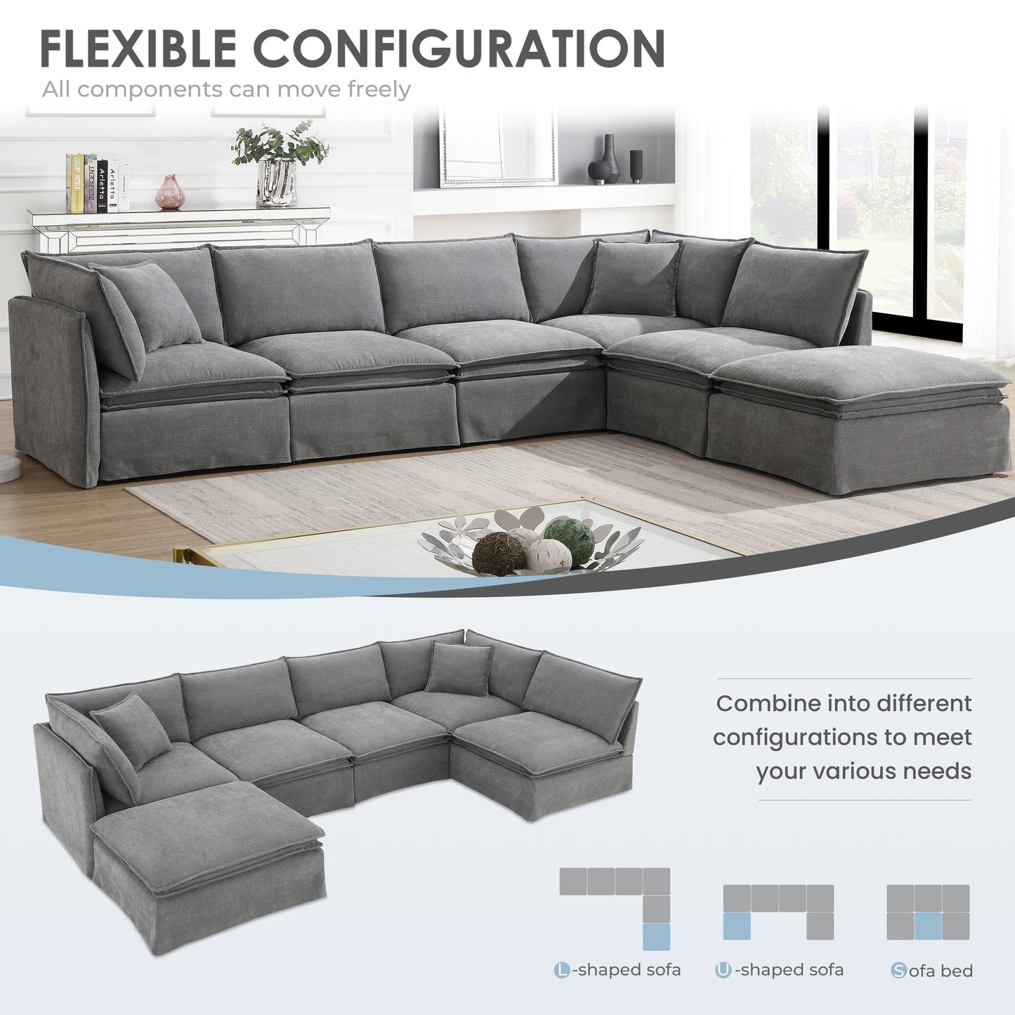Modular Sectional Sofa With Movable Ottoman,L Pholstered Indoor Furniture, Wide Seat ,Free Combination, Chenille Sofa