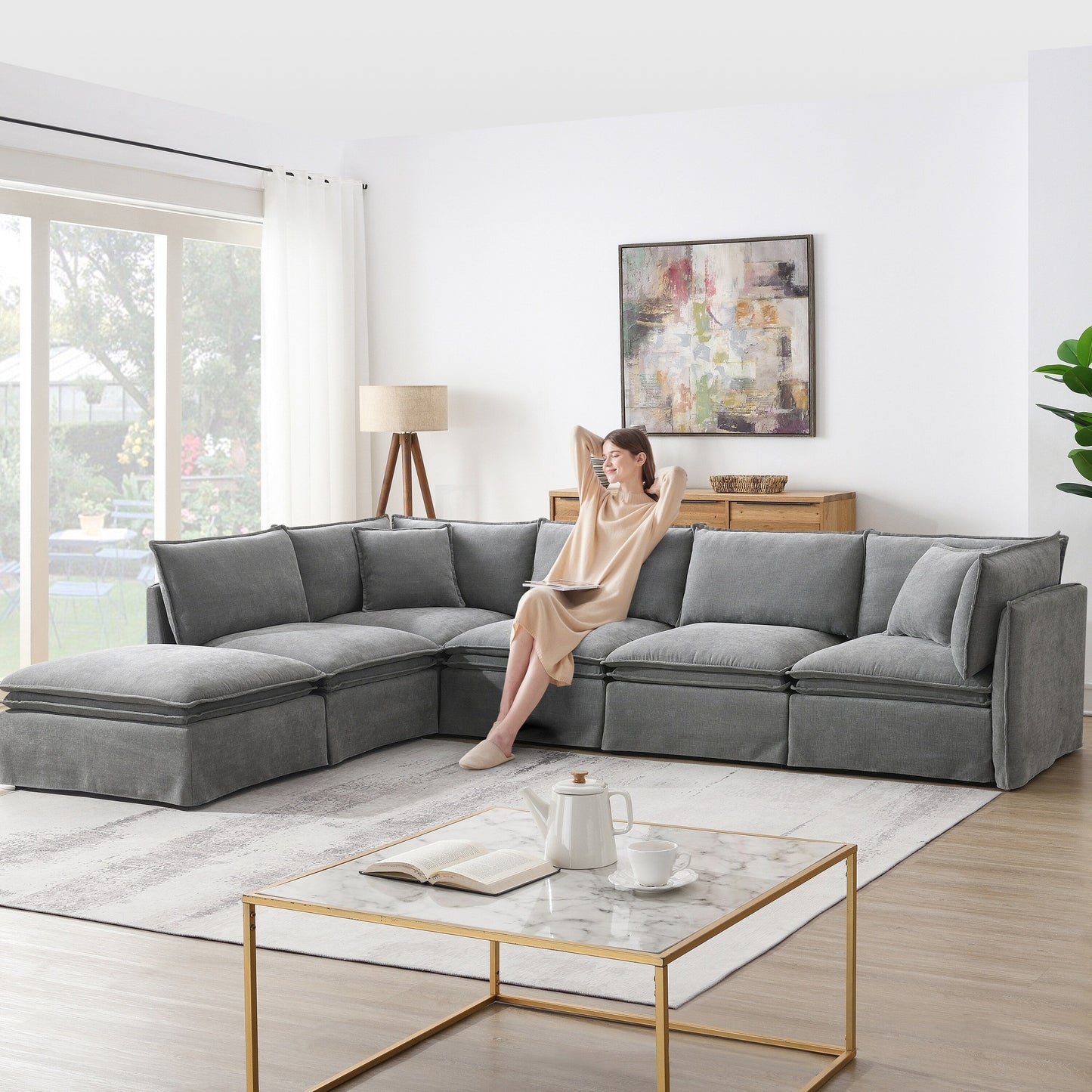 Modular Sectional Sofa With Movable Ottoman,L Pholstered Indoor Furniture, Wide Seat ,Free Combination, Chenille Sofa