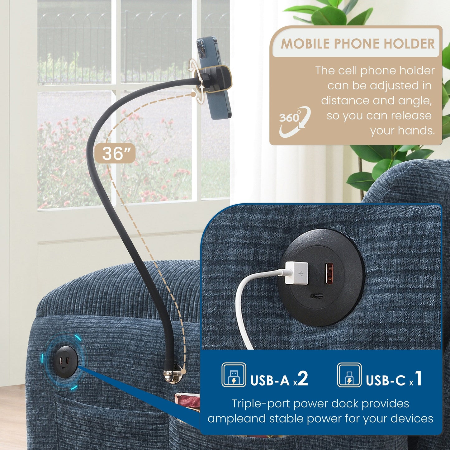 Modular Sectional Sofa, L-Shape With Extra-Wide Seat Cushion, Usb And Type-C Charger, Phone Holder & 2 Side Storage Pockets