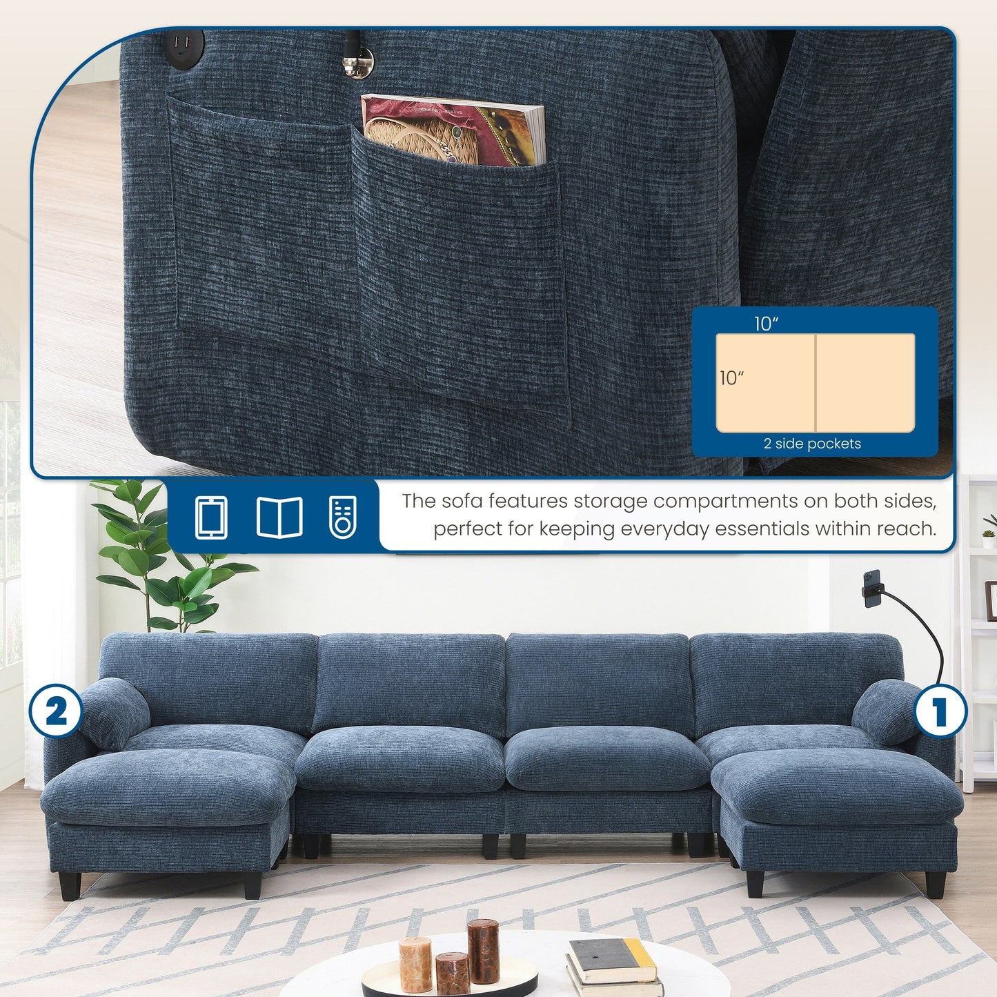 Modular Sectional Sofa, U-Shape With Extra-Wide Seat Cushion, Usb And Type-C Charger, Phone Holder And 2 Side Storage Pockets