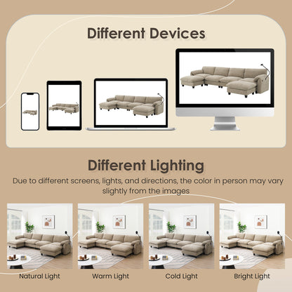 Modular Sectional Sofa, U-Shape With Extra-Wide Seat Cushion, Usb And Type-C Charger, Phone Holder And 2 Side Storage Pockets