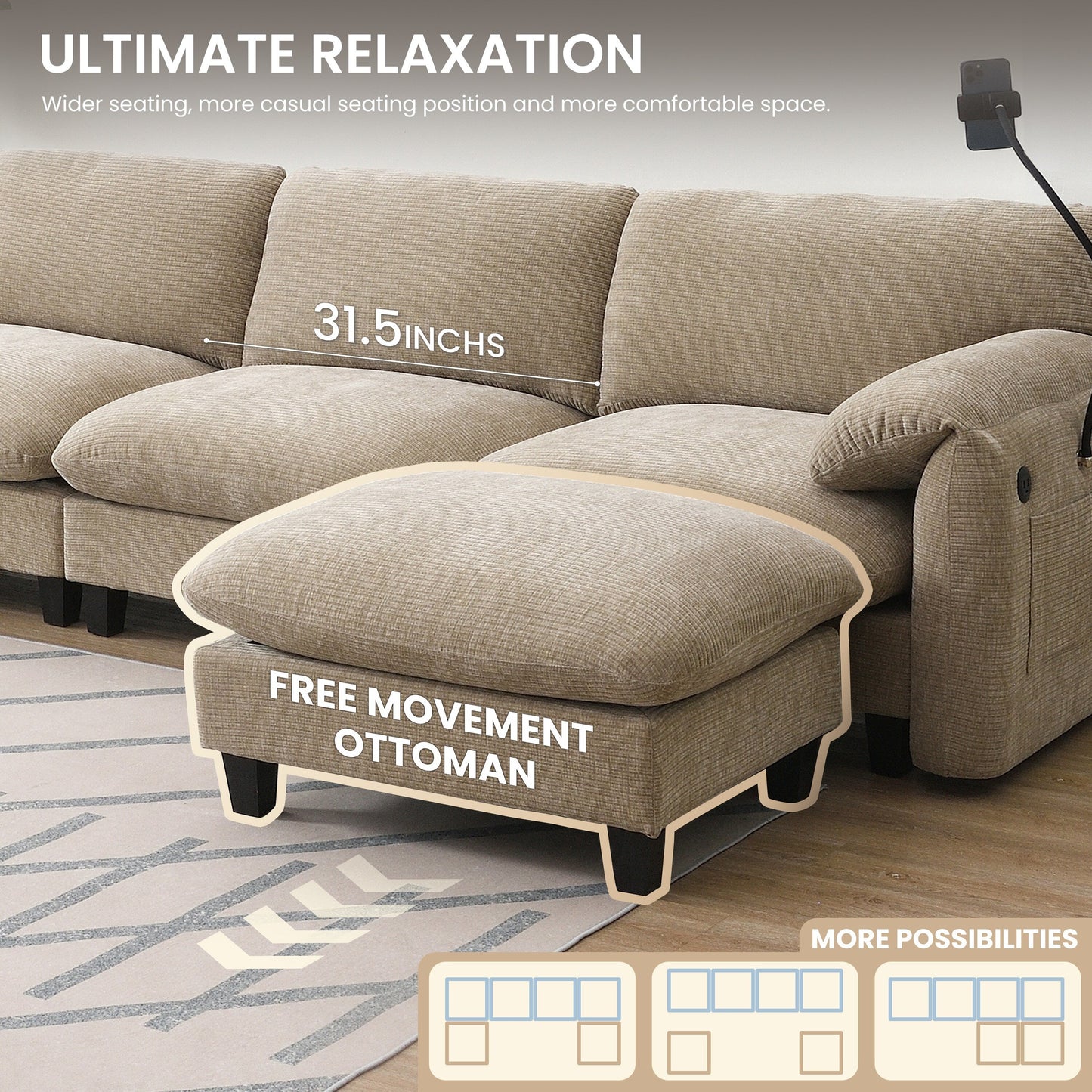 Modular Sectional Sofa, U-Shape With Extra-Wide Seat Cushion, Usb And Type-C Charger, Phone Holder And 2 Side Storage Pockets