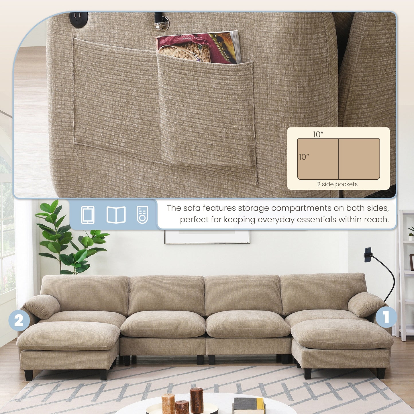 Modular Sectional Sofa, U-Shape With Extra-Wide Seat Cushion, Usb And Type-C Charger, Phone Holder And 2 Side Storage Pockets