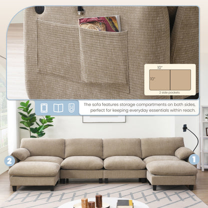Modular Sectional Sofa, U-Shape With Extra-Wide Seat Cushion, Usb And Type-C Charger, Phone Holder And 2 Side Storage Pockets