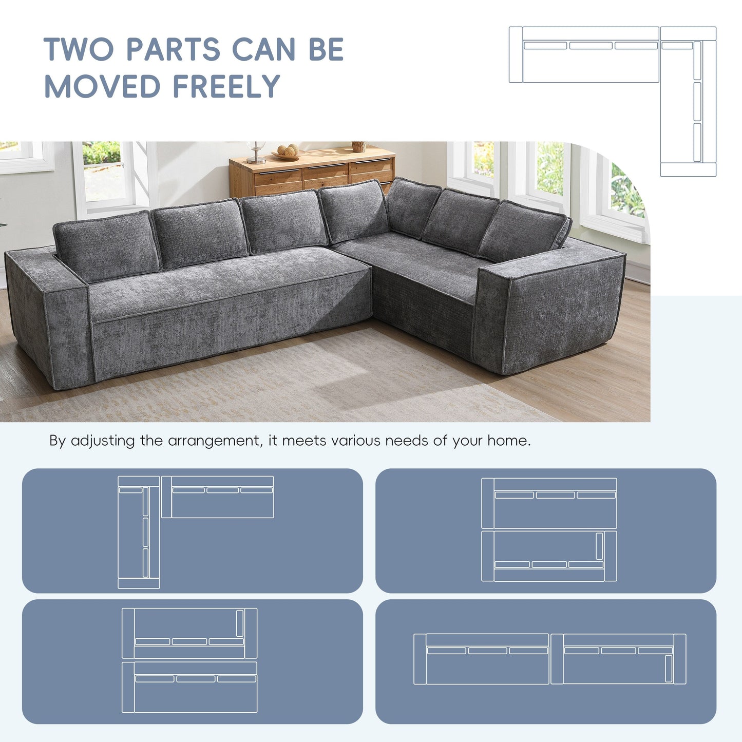 Modular Sectional Sofa,6 Seat Wrinkle-Resistant Chenille Couch Set,2 Pc Free Combination,Modern L-Shaped Cloud Sofa Set