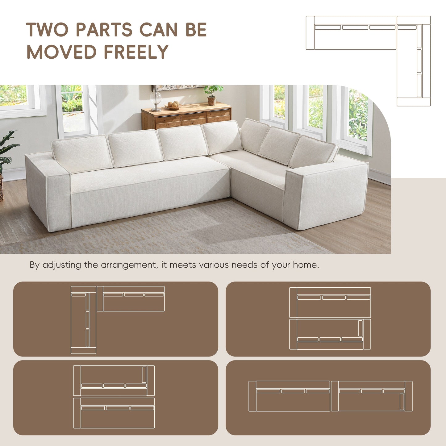 Modular Sectional Sofa,6 Seat Wrinkle-Resistant Chenille Couch Set,2 Pc Free Combination,Modern L-Shaped Cloud Sofa Set