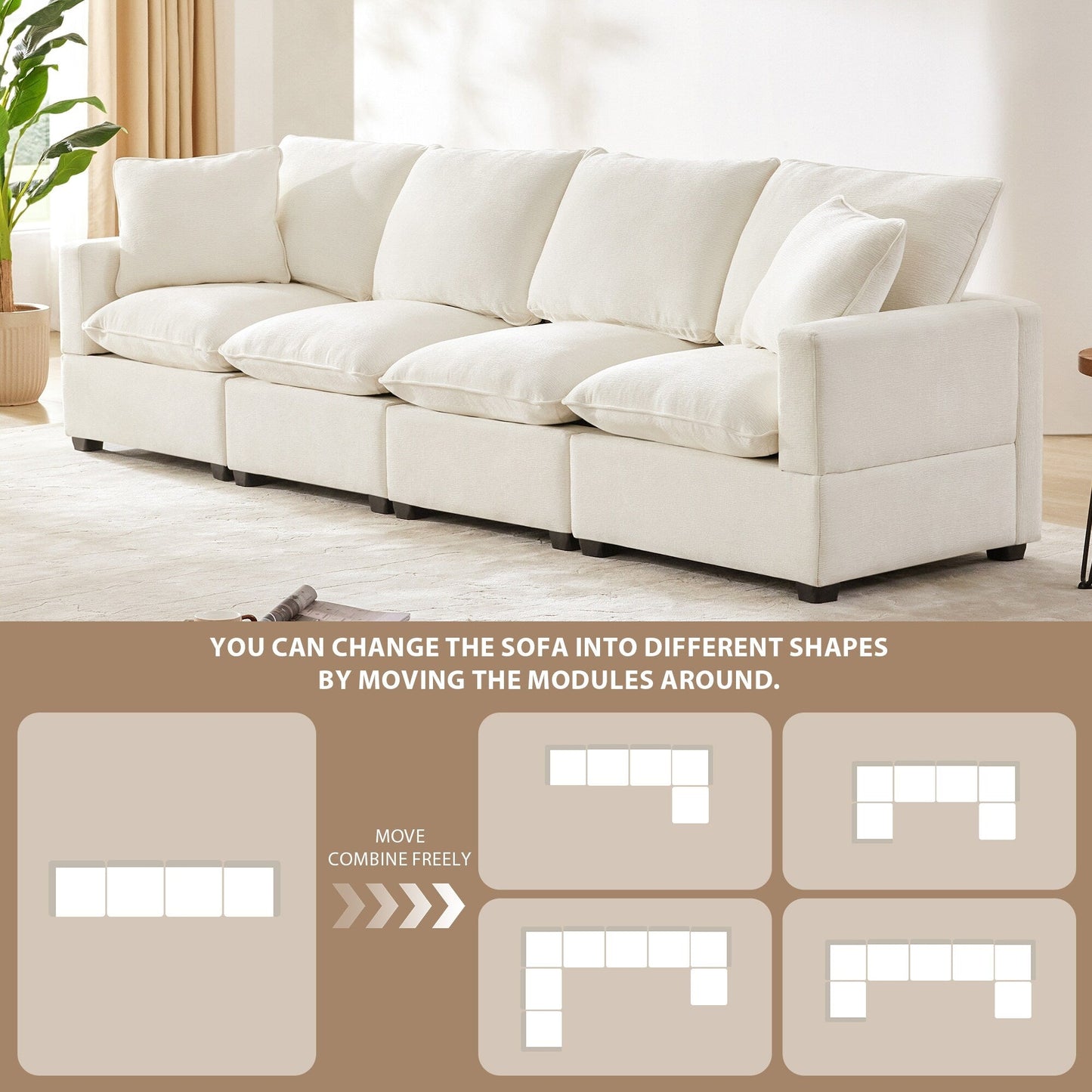 Modular Sofa, 4 Seat Chenille Sectional Couch Set With 2 Pillows Included, Freely Combinable