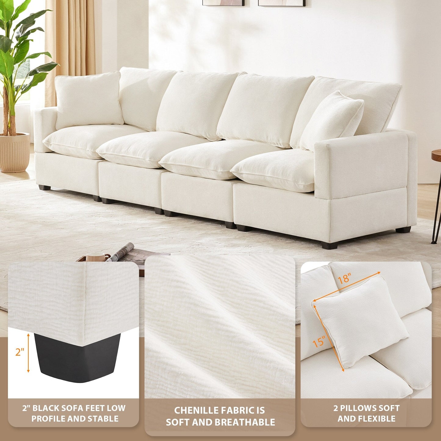 Modular Sofa, 4 Seat Chenille Sectional Couch Set With 2 Pillows Included, Freely Combinable