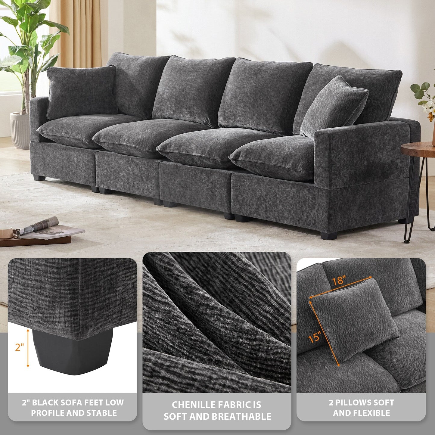 Modular Sofa, 4 Seat Chenille Sectional Couch Set With 2 Pillows Included, Freely Combinable