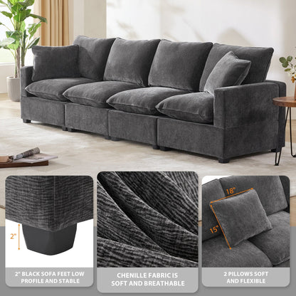 Modular Sofa, 4 Seat Chenille Sectional Couch Set With 2 Pillows Included, Freely Combinable