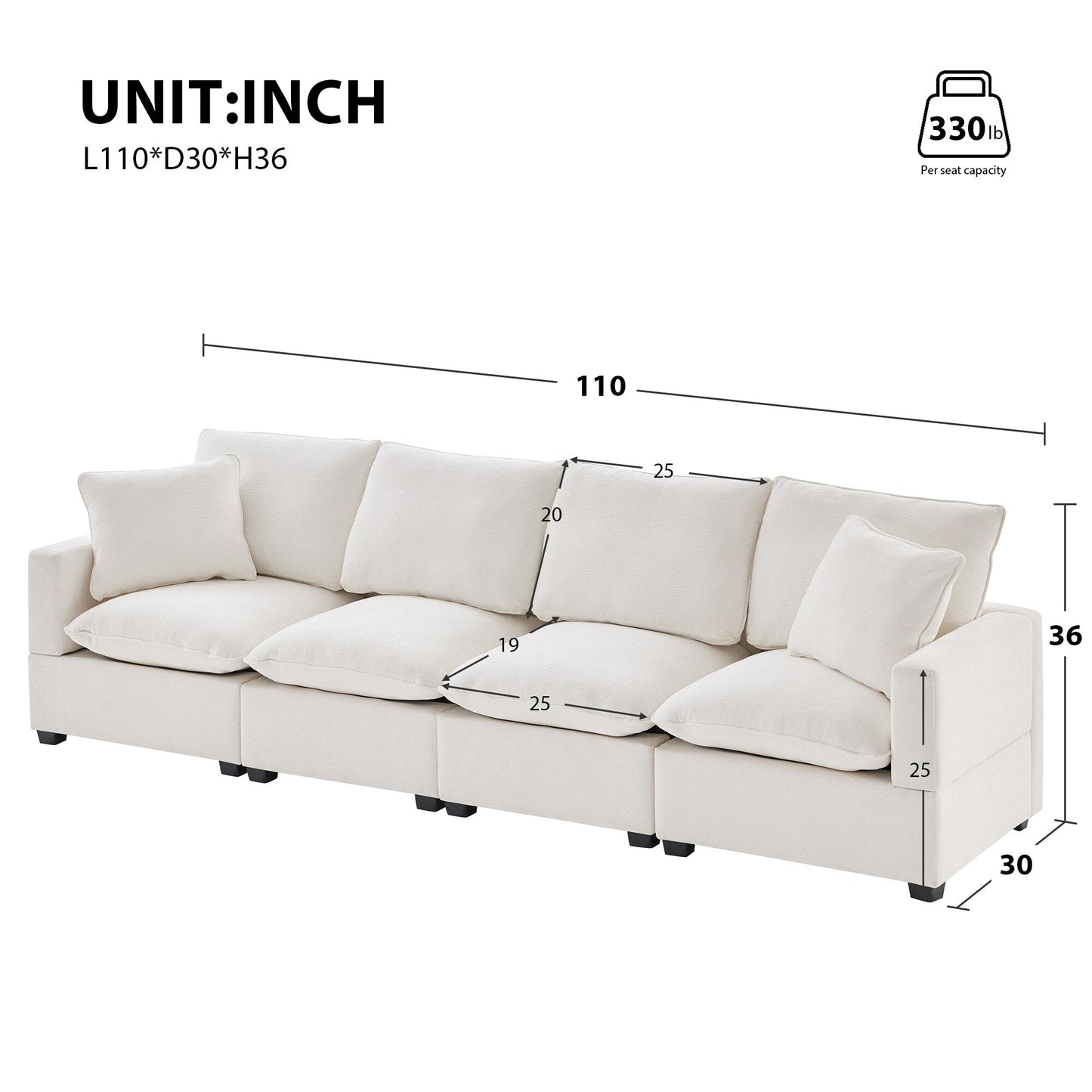 Modular Sofa, 4 Seat Chenille Sectional Couch Set With 2 Pillows Included, Freely Combinable