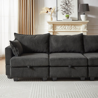 Modular U-Shaped Corduroy Sectional Sofa, 6-Seat Convertible Couch with Storage Ottoman and Chaise for Living Room