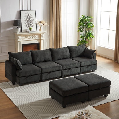 Modular U-Shaped Corduroy Sectional Sofa, 6-Seat Convertible Couch with Storage Ottoman and Chaise for Living Room