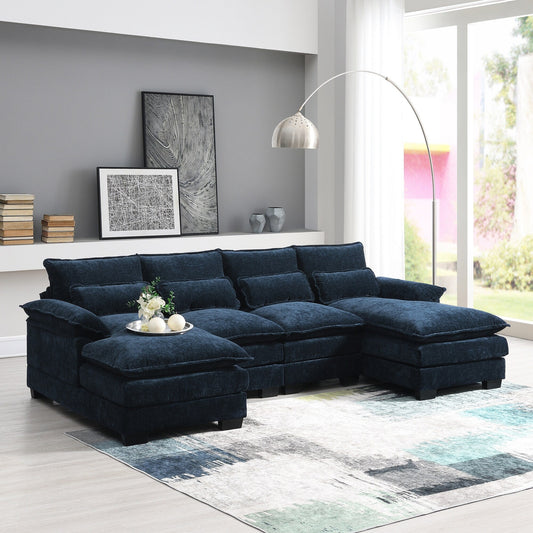 Modular U-Shaped Sectional Sofa With Waist Pillows,6 Seat Upholstered Symmetrical,Chenille Cloud Couch Set With Chaise Lounge