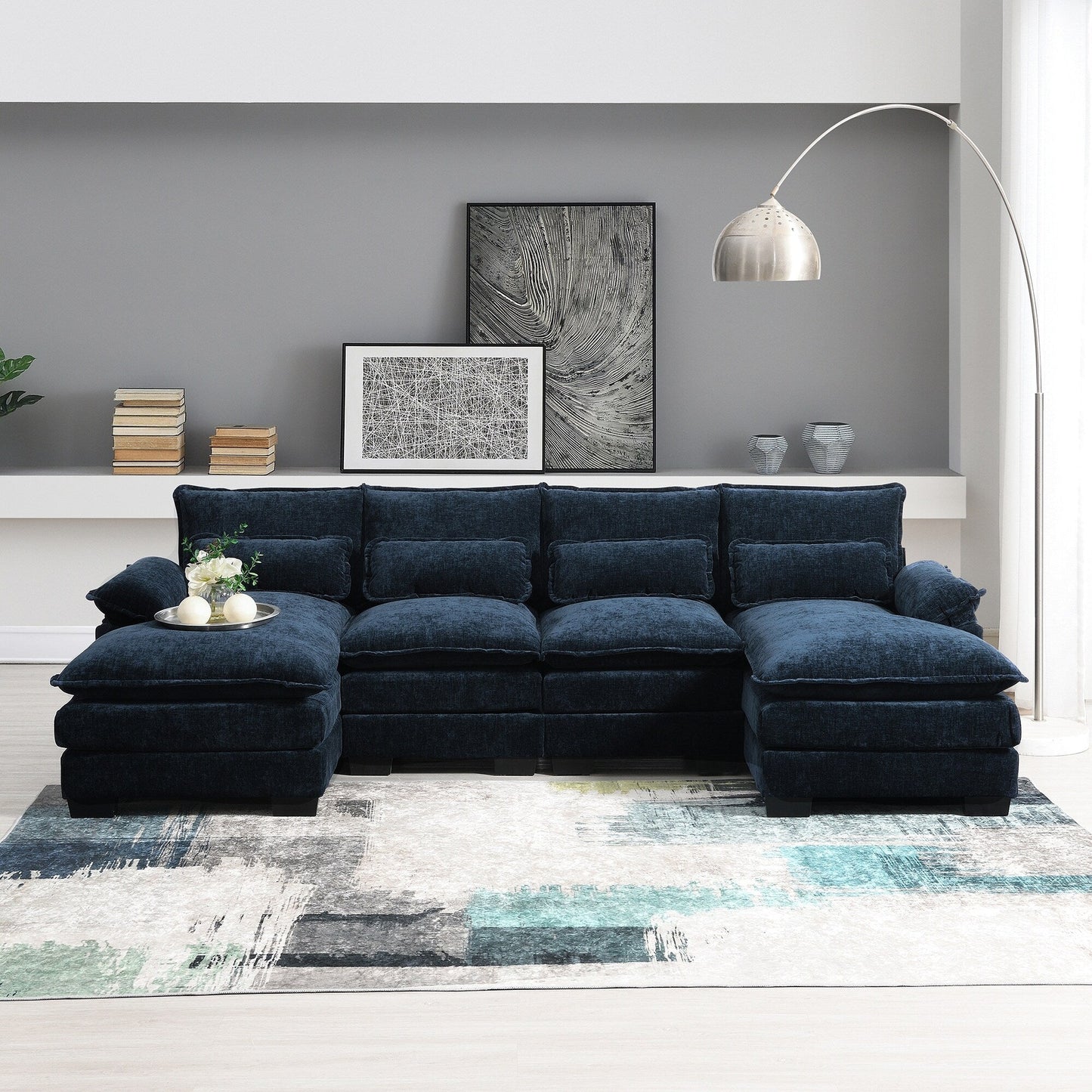 Modular U-Shaped Sectional Sofa With Waist Pillows,6 Seat Upholstered Symmetrical,Chenille Cloud Couch Set With Chaise Lounge