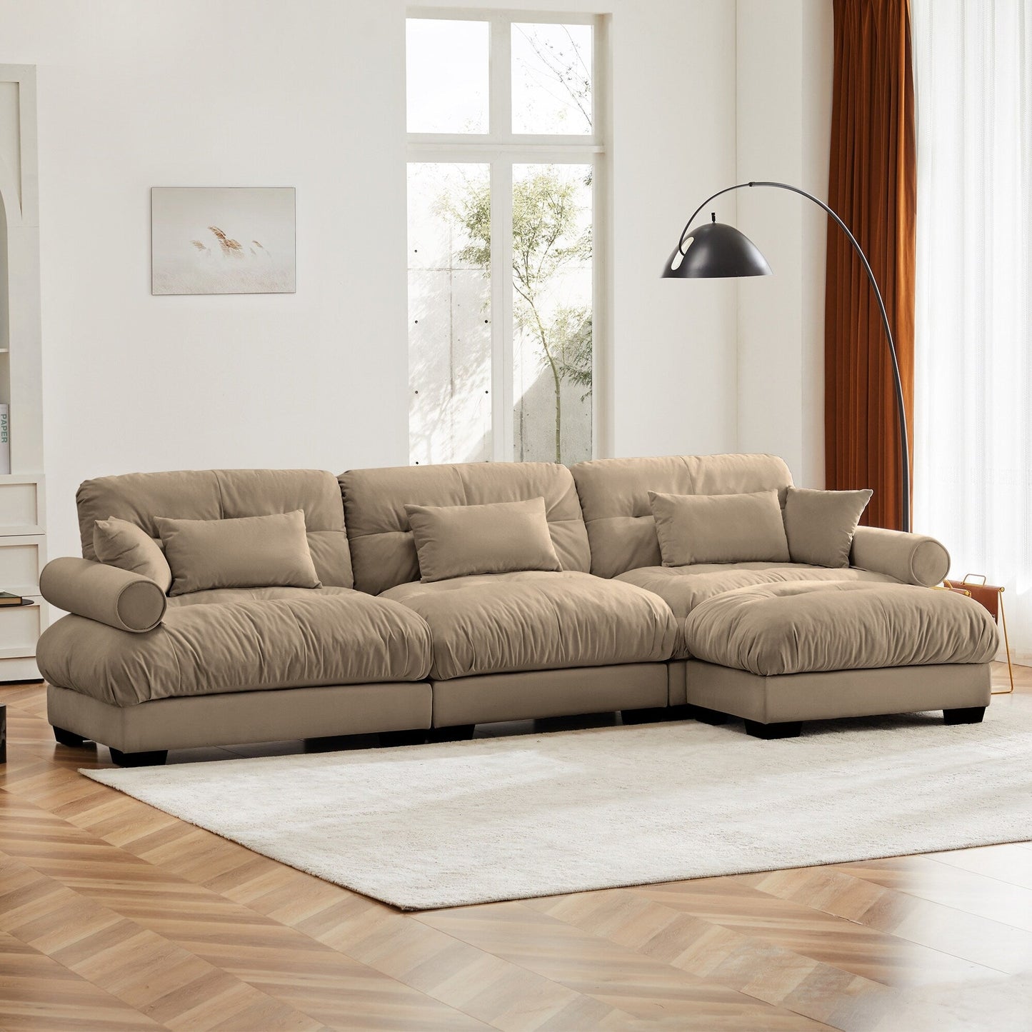 Modular Velvet Sectional Sofa Deep Seat L-Shaped Cloud Couch with Ottoman and Bolstered Armrests for Living Room