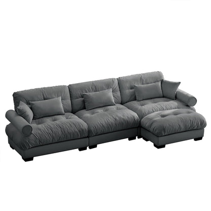 Modular Velvet Sectional Sofa Deep Seat L-Shaped Cloud Couch with Ottoman and Bolstered Armrests for Living Room