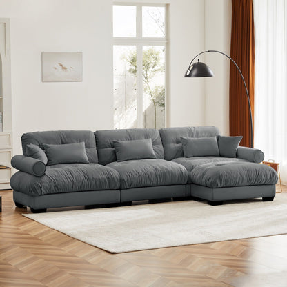 Modular Velvet Sectional Sofa Deep Seat L-Shaped Cloud Couch with Ottoman and Bolstered Armrests for Living Room