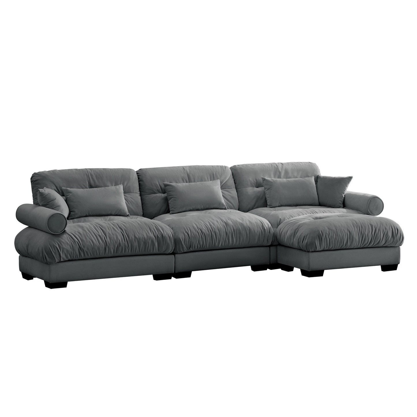 Modular Velvet Sectional Sofa Deep Seat L-Shaped Cloud Couch with Ottoman and Bolstered Armrests for Living Room