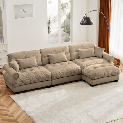 Modular Velvet Sectional Sofa Deep Seat L-Shaped Cloud Couch with Ottoman and Bolstered Armrests for Living Room