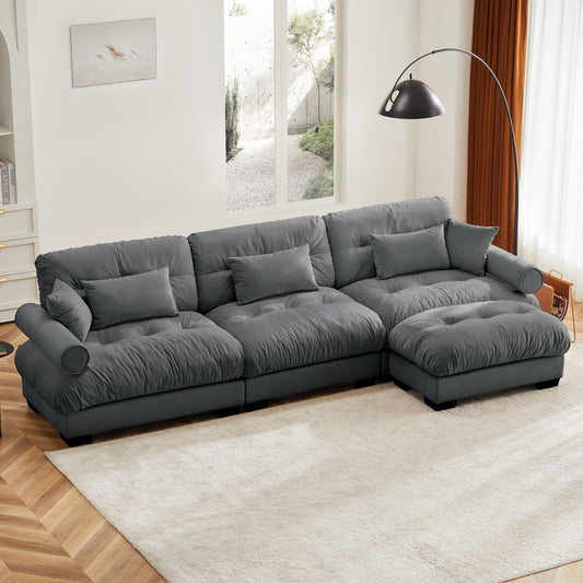 Modular Velvet Sectional Sofa Deep Seat L-Shaped Cloud Couch with Ottoman and Bolstered Armrests for Living Room