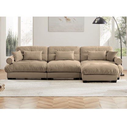 Modular Velvet Sectional Sofa Deep Seat L-Shaped Cloud Couch with Ottoman and Bolstered Armrests for Living Room