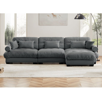 Modular Velvet Sectional Sofa Deep Seat L-Shaped Cloud Couch with Ottoman and Bolstered Armrests for Living Room