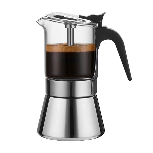 Moka Espressokocher für Induktionsherd mit Druckventil, Kristallglasplatte und Espresso-Mokkakanne aus Edelstahl, 240 ml