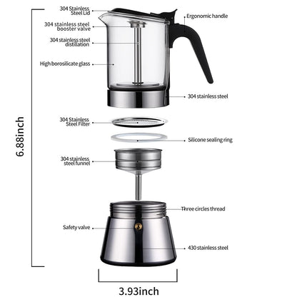 Moka Espressokocher für Induktionsherd mit Druckventil, Kristallglasplatte und Espresso-Mokkakanne aus Edelstahl, 240 ml